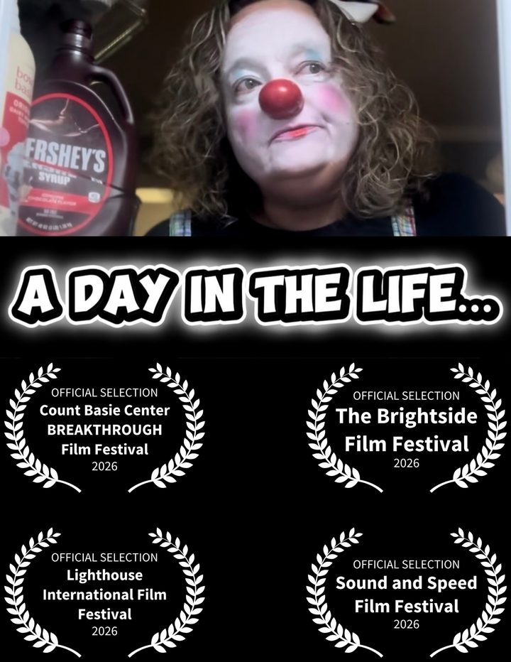 Poster for A Day in the Life: a clown with a red nose and white face paint beside a bottle of chocolate syrup